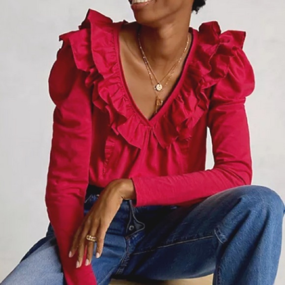 Anthropologie Tops - ANTHROPOLOGIE Ruffled V-Neck Top Blouse Long Sleeve Pink Tee Cotton ANTHRO NEW